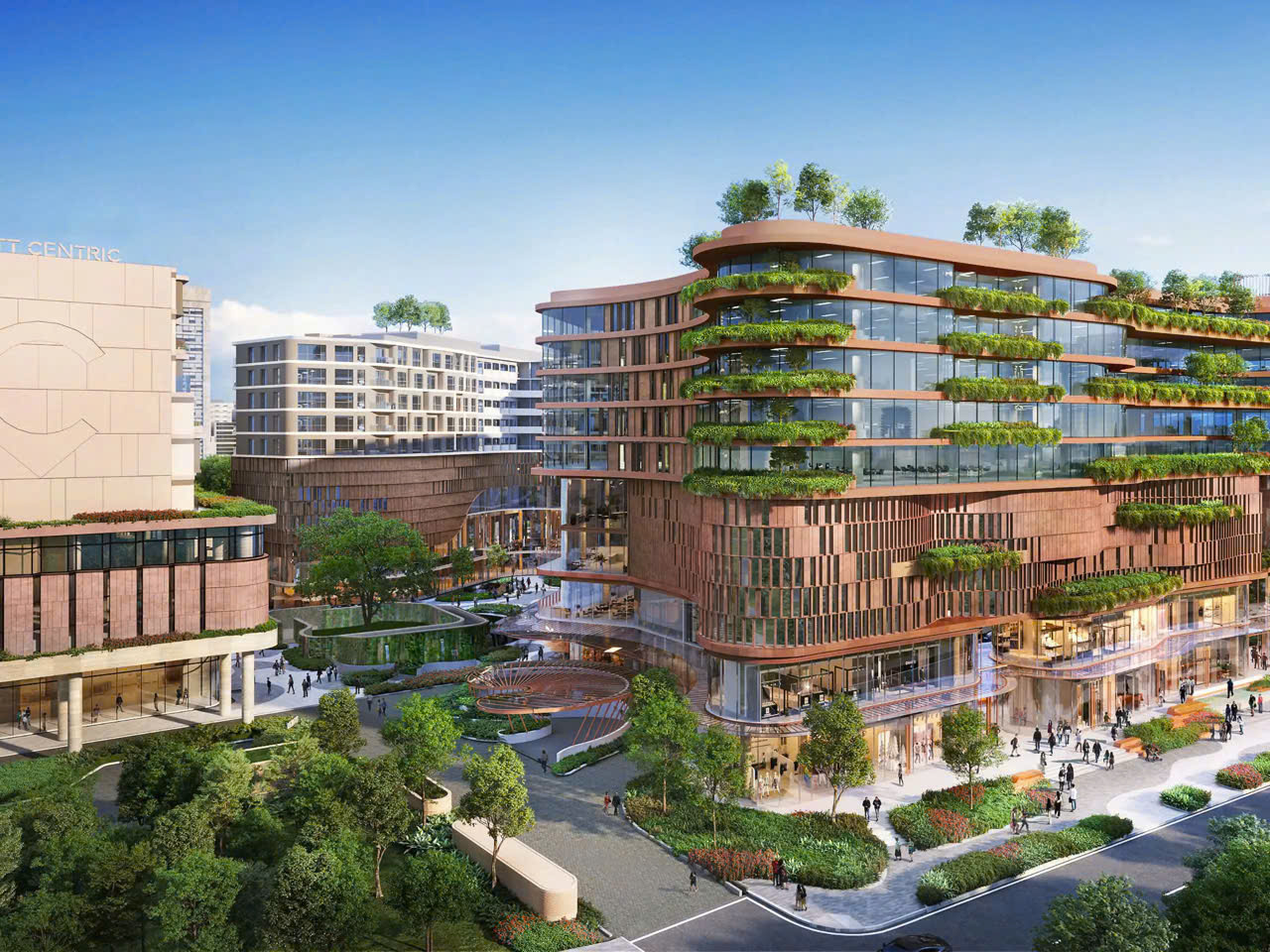 Architectural rendering of the mixed-use complex housing Hyatt Centric Hanoi Centre, with terraced greenery