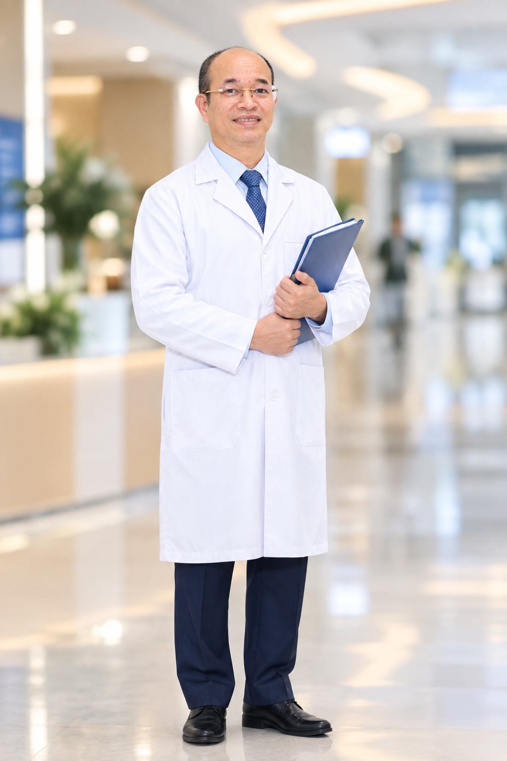 Do Duy Cuong in a white coat holding a folder in a hospital corridor.