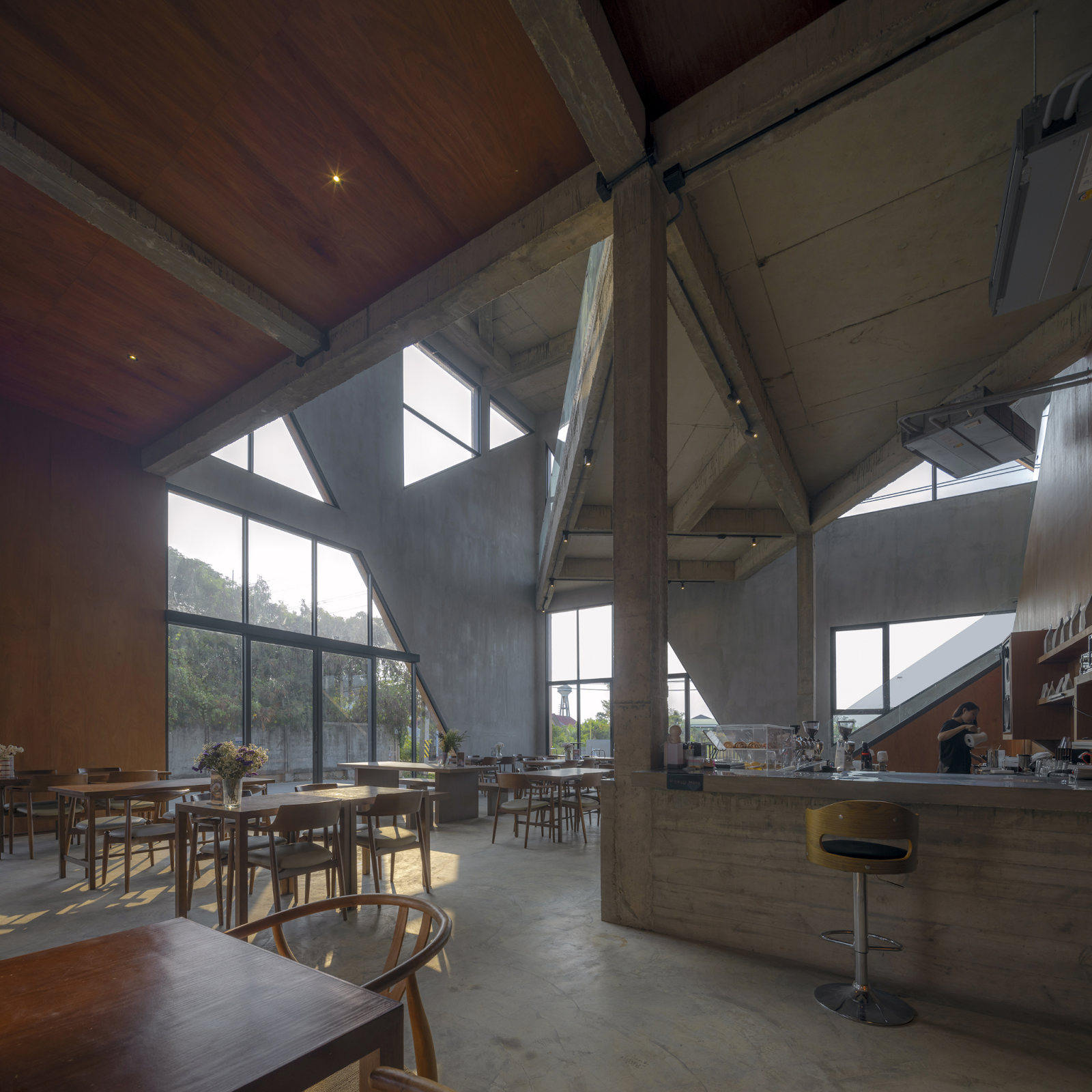 DIFF Coffee Roasters by ASWA: Minimalist Concrete Cubes Bridged by Nature in Phitsanulok