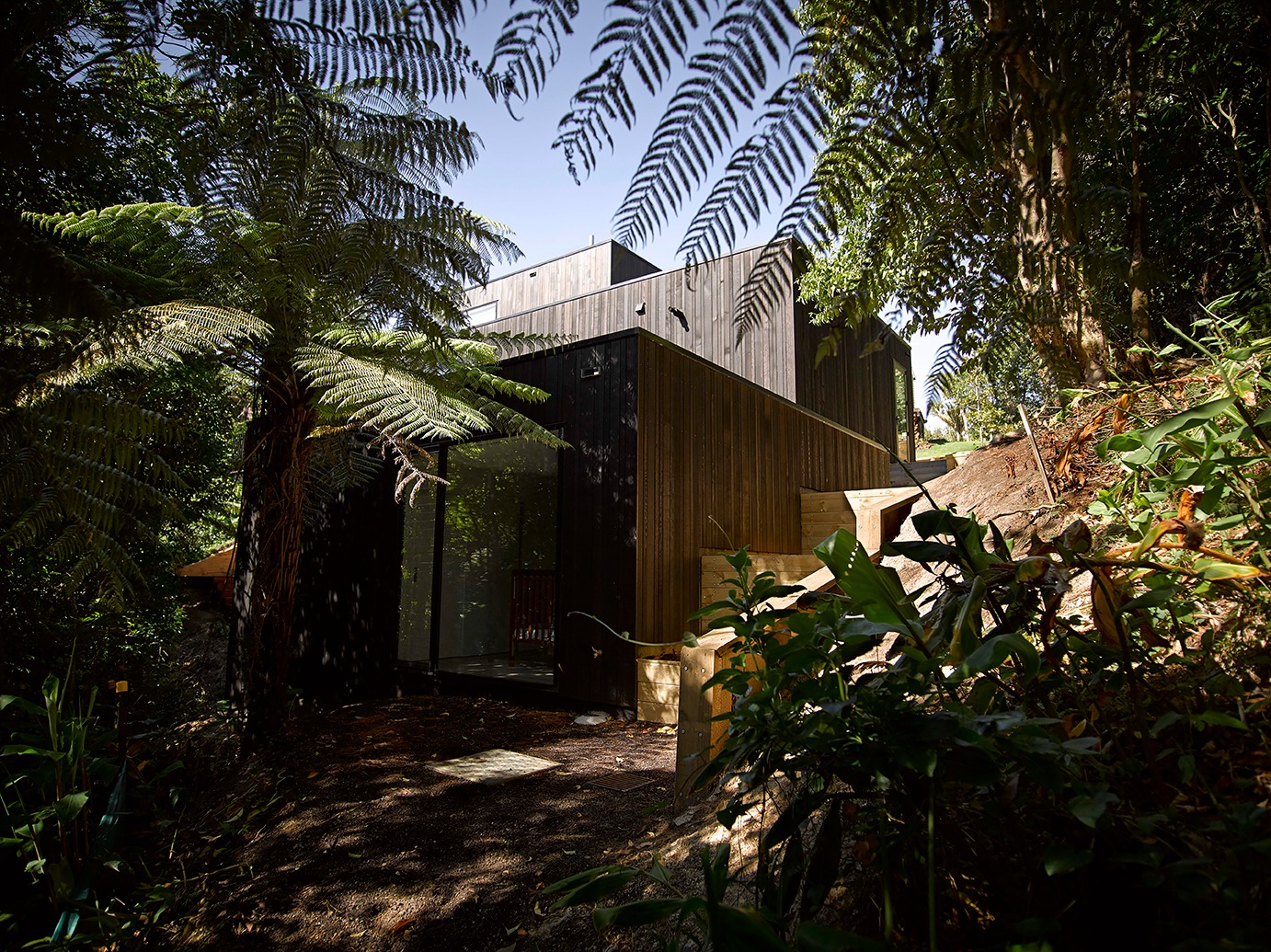 Waiatarua House by Monk Mackenzie Melds Steep Site with Silent Architecture