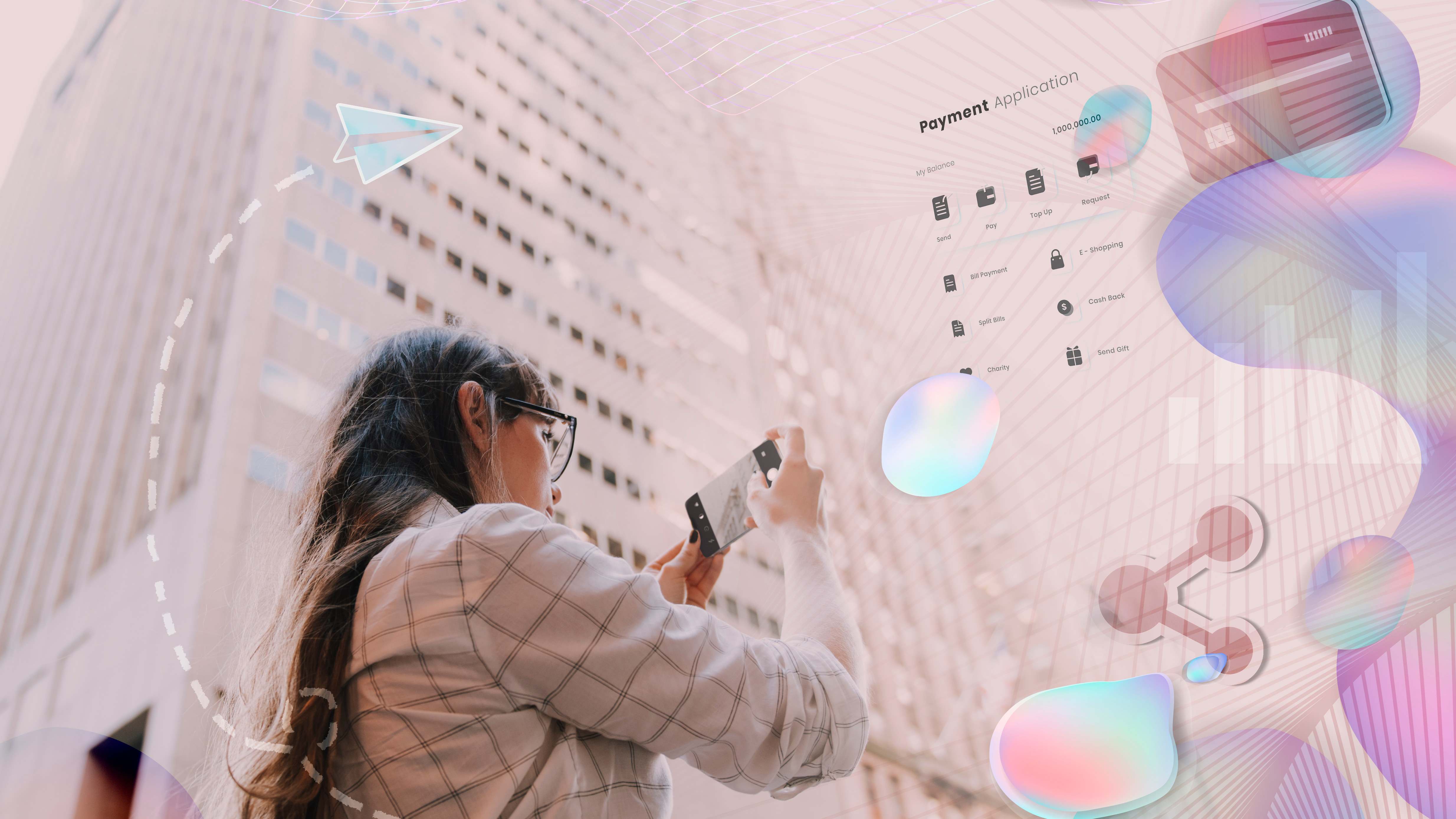 A woman photographs a high-rise on her phone, with a digital payment-app interface overlaid on the scene.